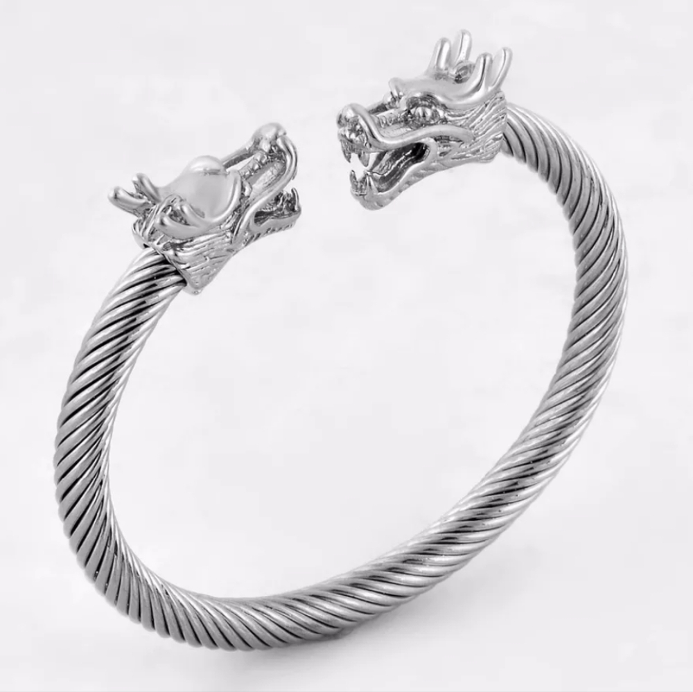 Dragon Viking Sterling Silver Plated Stainless Steel Bangle Cuff Bracelet - Picture 12 of 16
